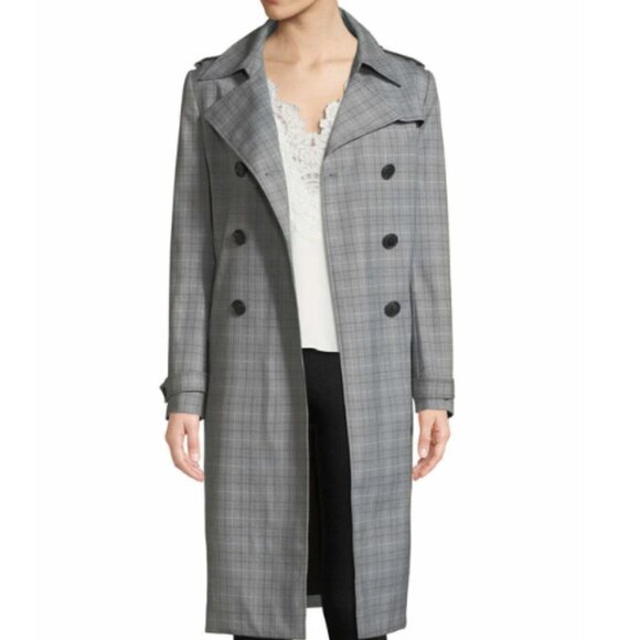 Elie Tahari Plaid Double Breasted Trench Coat Size Large Grey Preppy Classic - Picture 1 of 16